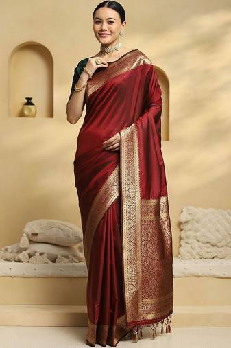 Maroon woven embellished pure silk kanjivaram saree with  blouse