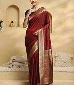 Maroon woven embellished pure silk kanjivaram saree with  blouse