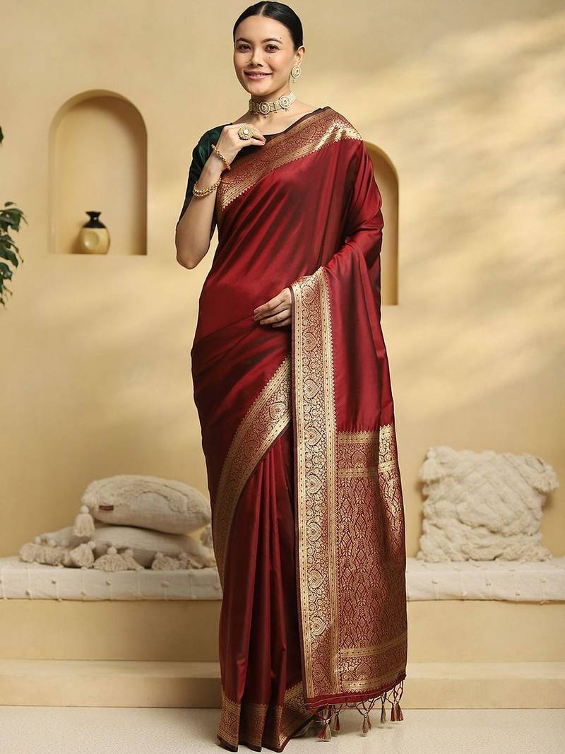 Maroon woven embellished pure silk kanjivaram saree with  blouse