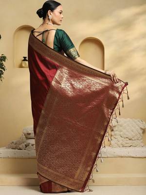 Maroon woven embellished pure silk kanjivaram saree with  blouse 2