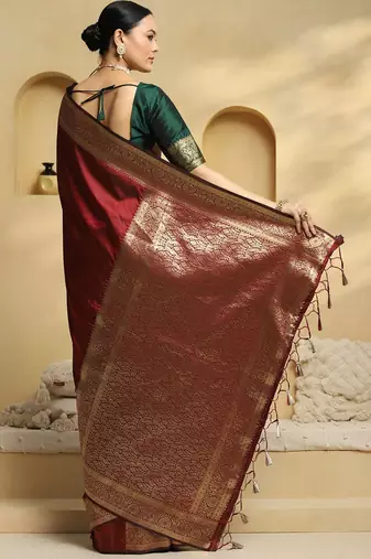 Maroon woven embellished pure silk kanjivaram saree with  blouse
