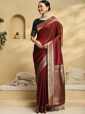 Maroon woven embellished pure silk kanjivaram saree with  blouse 3
