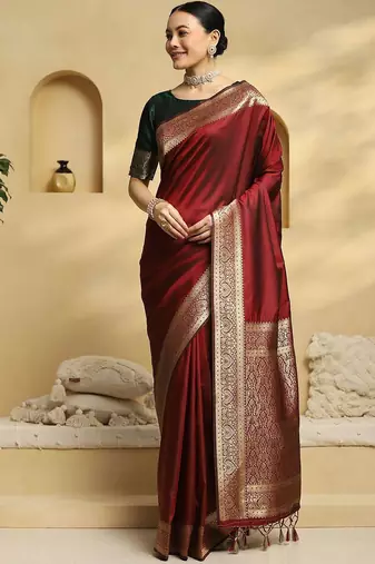 Maroon woven embellished pure silk kanjivaram saree with  blouse