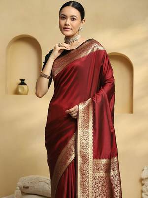 Maroon woven embellished pure silk kanjivaram saree with  blouse 4