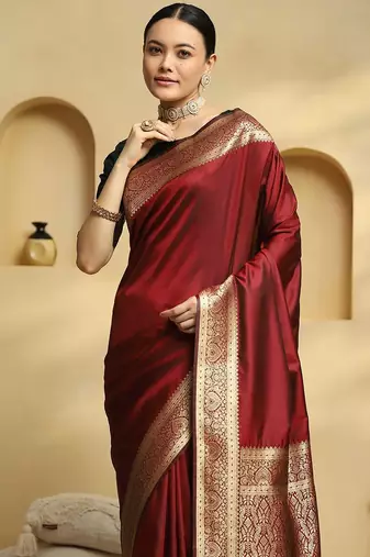 Maroon woven embellished pure silk kanjivaram saree with  blouse