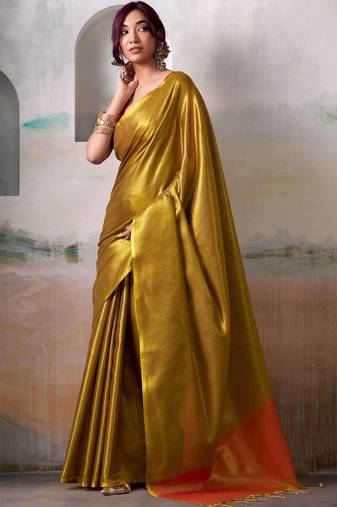 Gold zari tissue woven design saree with contrast blouse piece