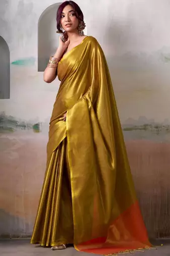 Gold zari tissue woven design saree with contrast blouse piece