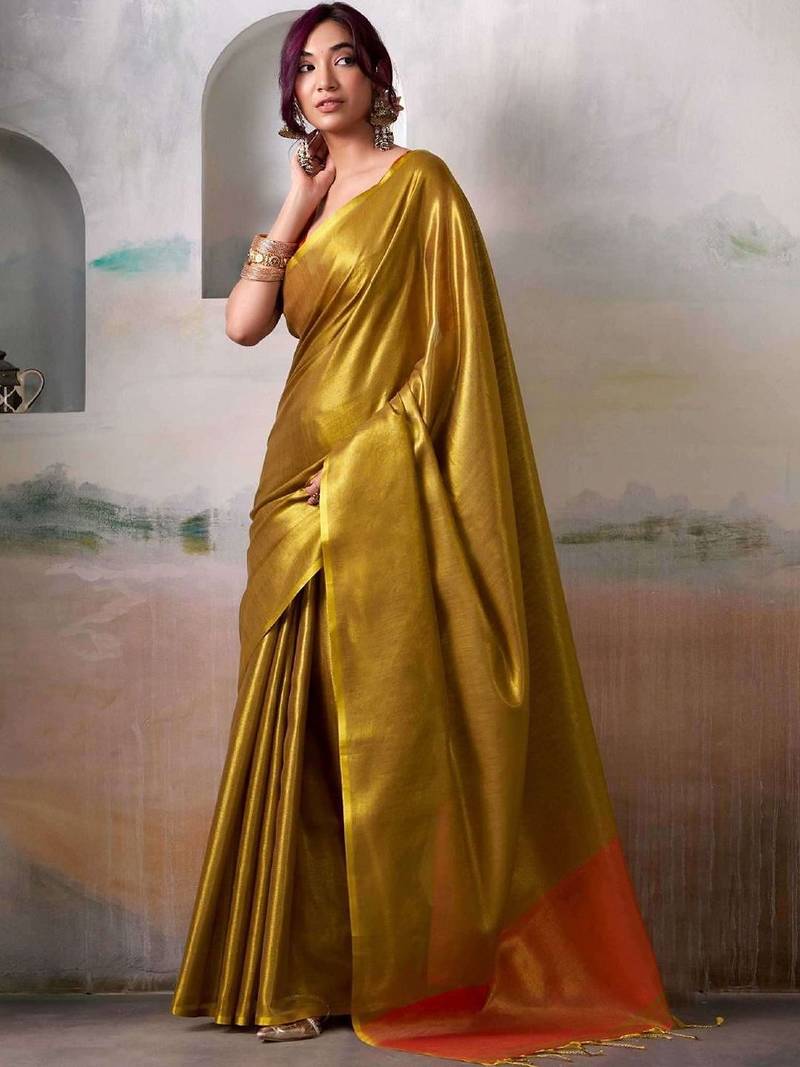Gold zari tissue woven design saree with contrast blouse piece