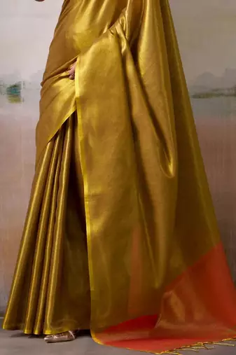 Gold zari tissue woven design saree with contrast blouse piece