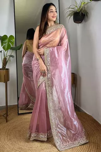 Pink embellished embroidered tissue saree