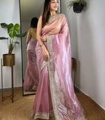 Pink embellished embroidered tissue saree