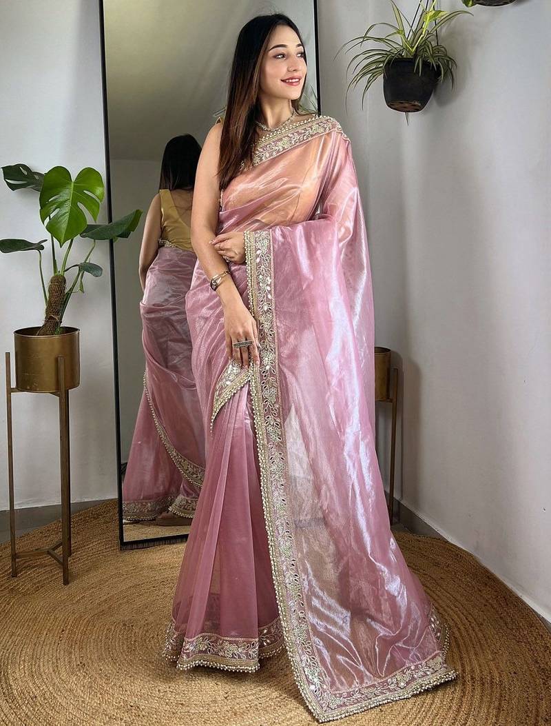 Pink embellished embroidered tissue saree