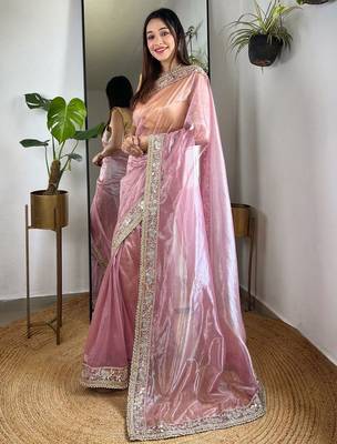 Pink embellished embroidered tissue saree 2