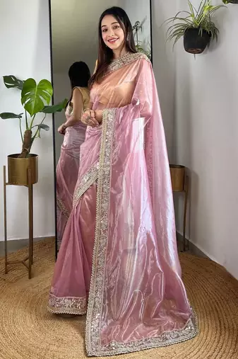 Pink embellished embroidered tissue saree