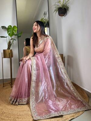 Pink embellished embroidered tissue saree 3