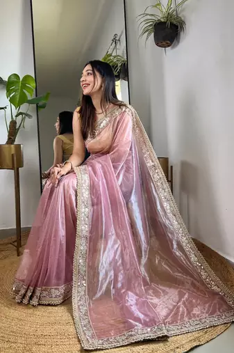Pink embellished embroidered tissue saree