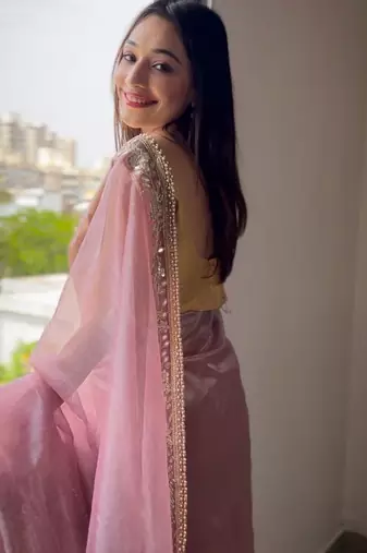 Pink embellished embroidered tissue saree