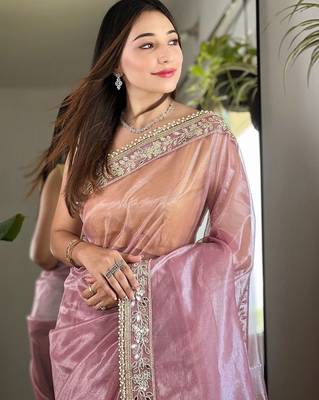 Pink embellished embroidered tissue saree 5