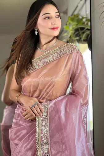 Pink embellished embroidered tissue saree