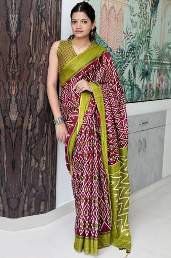 Maroon ethnic motifs printed designer ikat saree