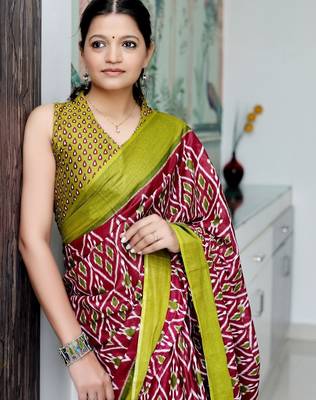 Maroon ethnic motifs printed designer ikat saree 4