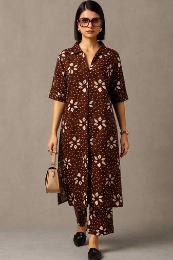 women ethnic motifs printed regular cotton kurta with trousers