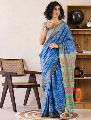 Blue ethnic motifs ready to wear bagru saree 1