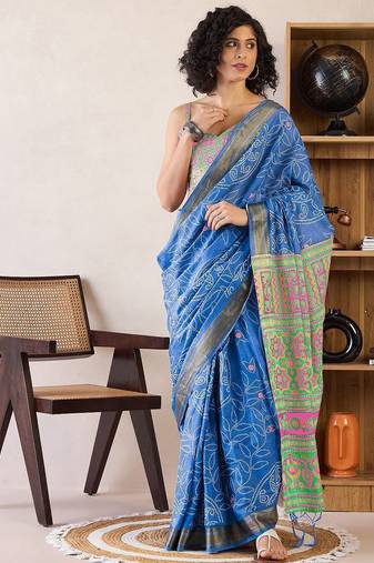 Blue ethnic motifs ready to wear bagru saree