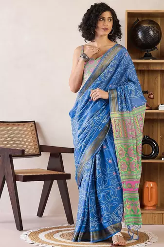 Blue ethnic motifs ready to wear bagru saree