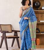 Blue ethnic motifs ready to wear bagru saree