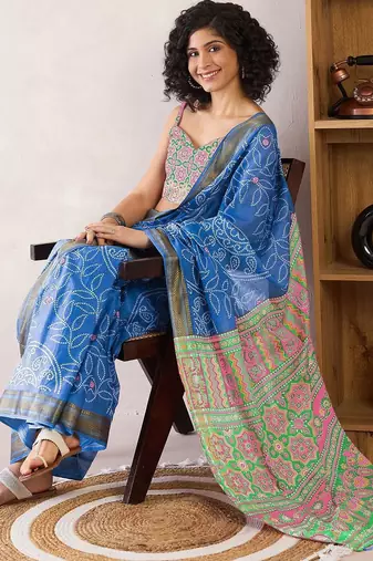 Blue ethnic motifs ready to wear bagru saree