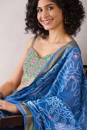 Blue ethnic motifs ready to wear bagru saree