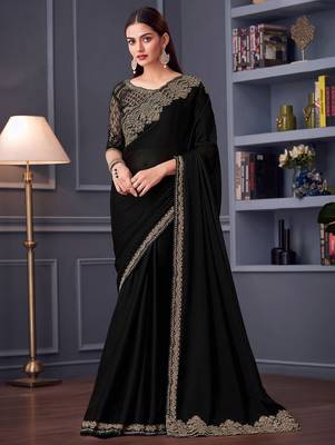 Black embellished embroidered satin saree 1