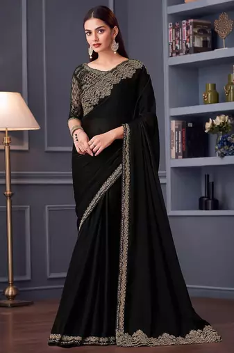Black embellished embroidered satin saree