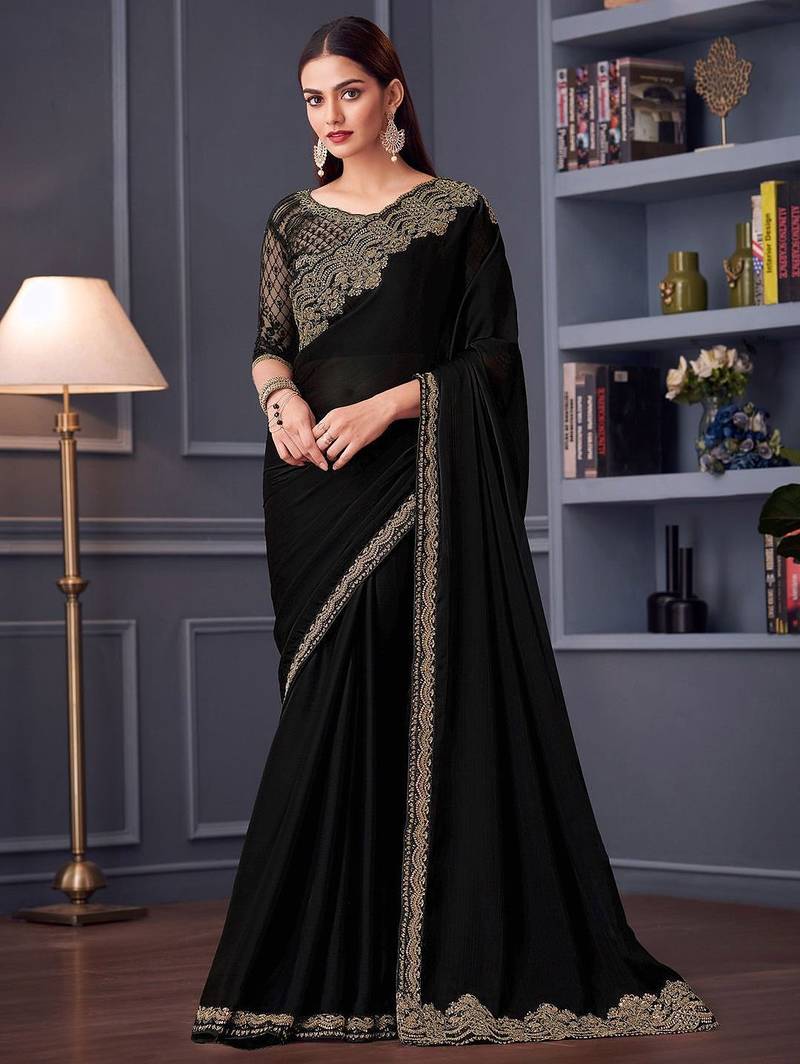 Black embellished embroidered satin saree