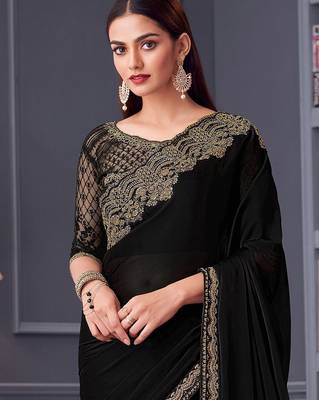 Black embellished embroidered satin saree 2