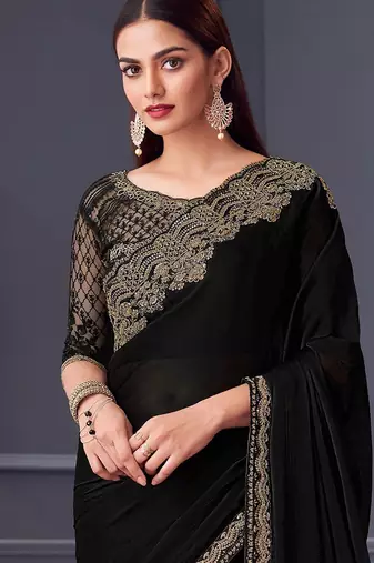 Black embellished embroidered satin saree