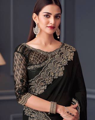 Black embellished embroidered satin saree 3