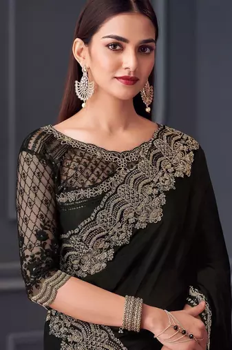 Black embellished embroidered satin saree