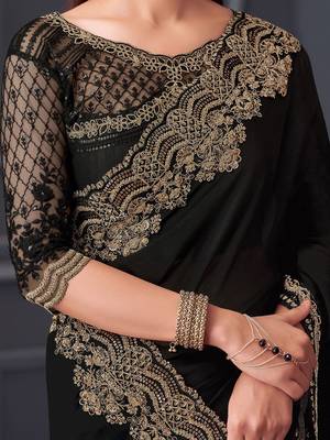 Black embellished embroidered satin saree 5