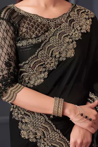 Black embellished embroidered satin saree