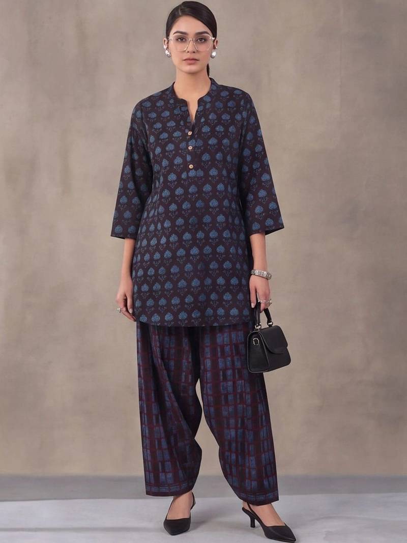 women ethnic motifs printed regular cotton kurti with farshi salwar