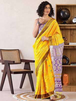 Yellow bandhani ready to wear bagru saree 1