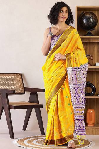 Yellow bandhani ready to wear bagru saree