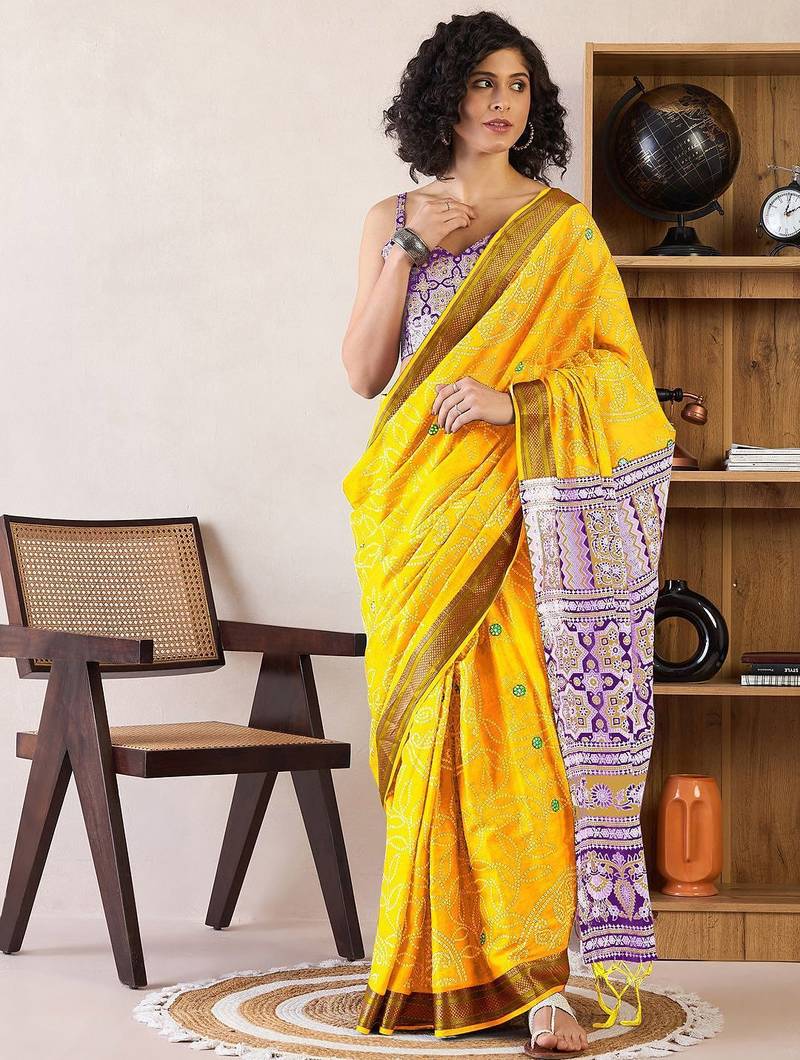 Yellow bandhani ready to wear bagru saree