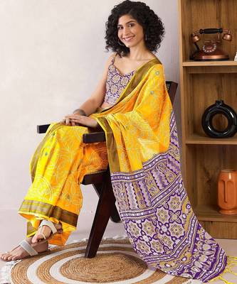Yellow bandhani ready to wear bagru saree 3