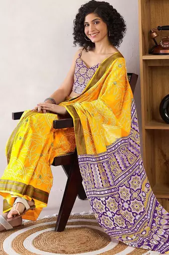 Yellow bandhani ready to wear bagru saree