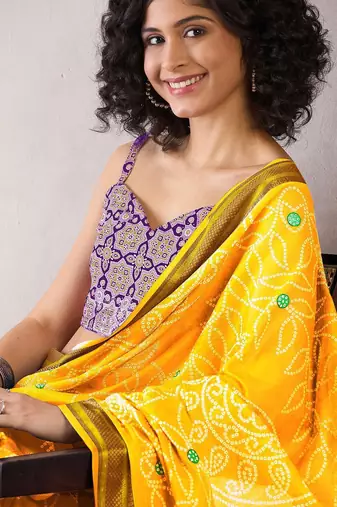 Yellow bandhani ready to wear bagru saree