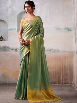 Green solid zari saree with blouse piece 1