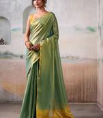 Green solid zari saree with blouse piece
